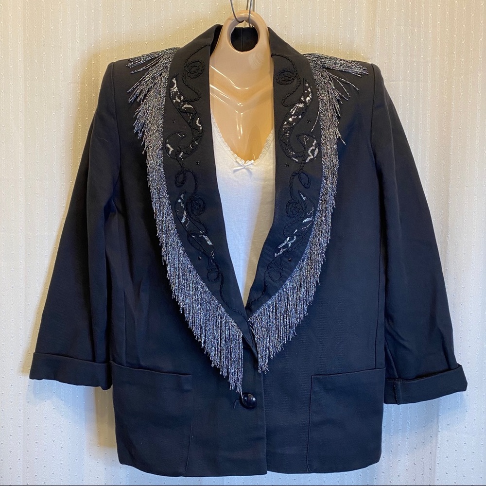 VTG 80’s Tanya fringed black and silver blazer